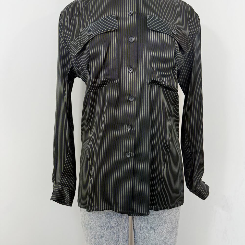 Escada Silk Button-Down Shirt Black/Green Striped Long Sleeves 34 (US 4) Vintage - Picture 5 of 12